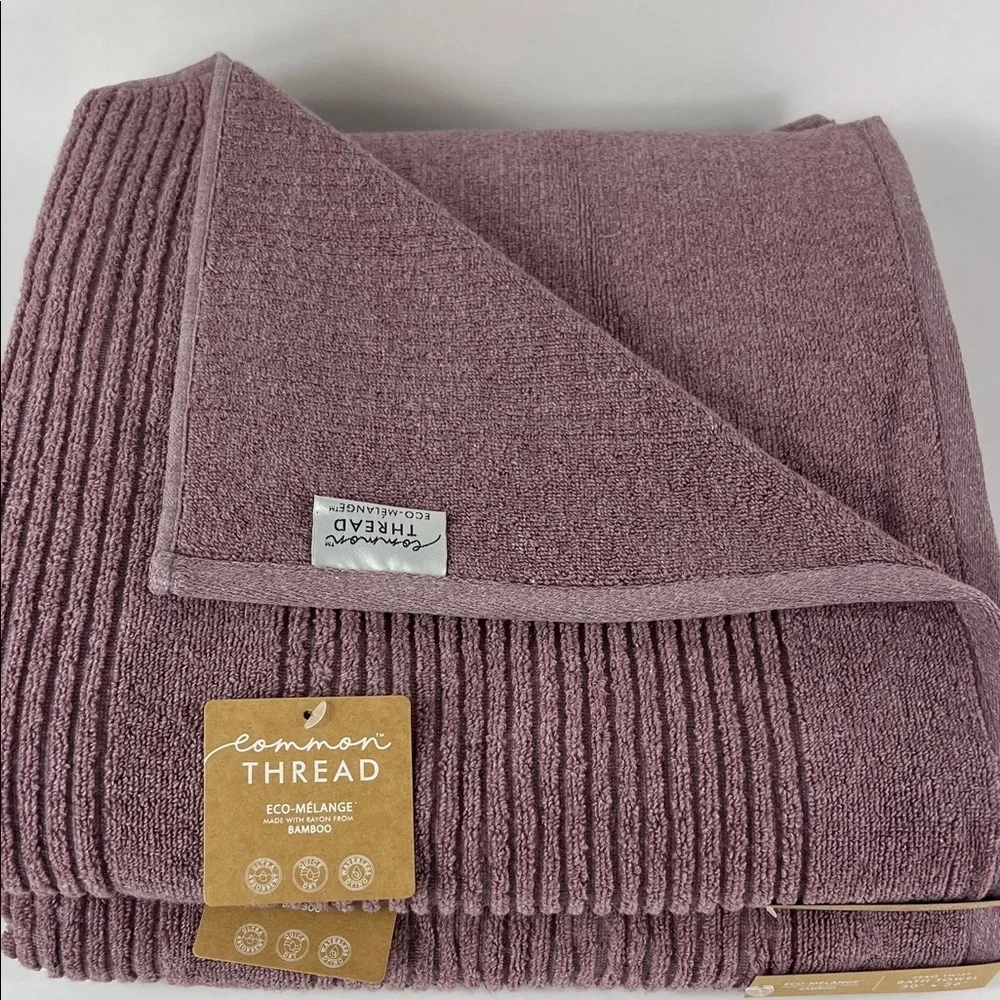 2pc Common Thread Bamboo Bath Towels Purple Mauve Zero Twist Soft Cotton NEW